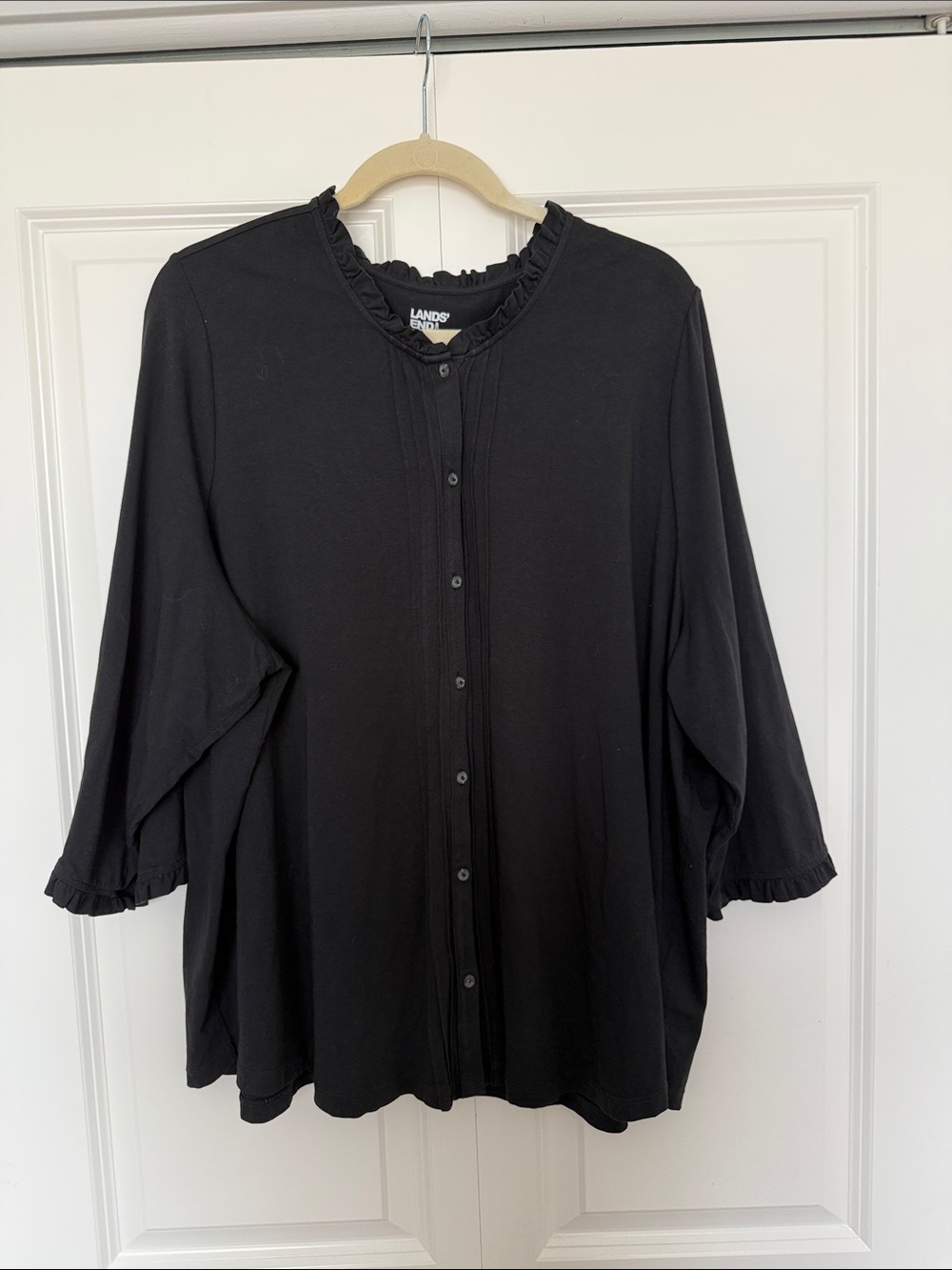 Lands' End Black Ruffle-Trim Button-Front Blouse 3/4 sleeves